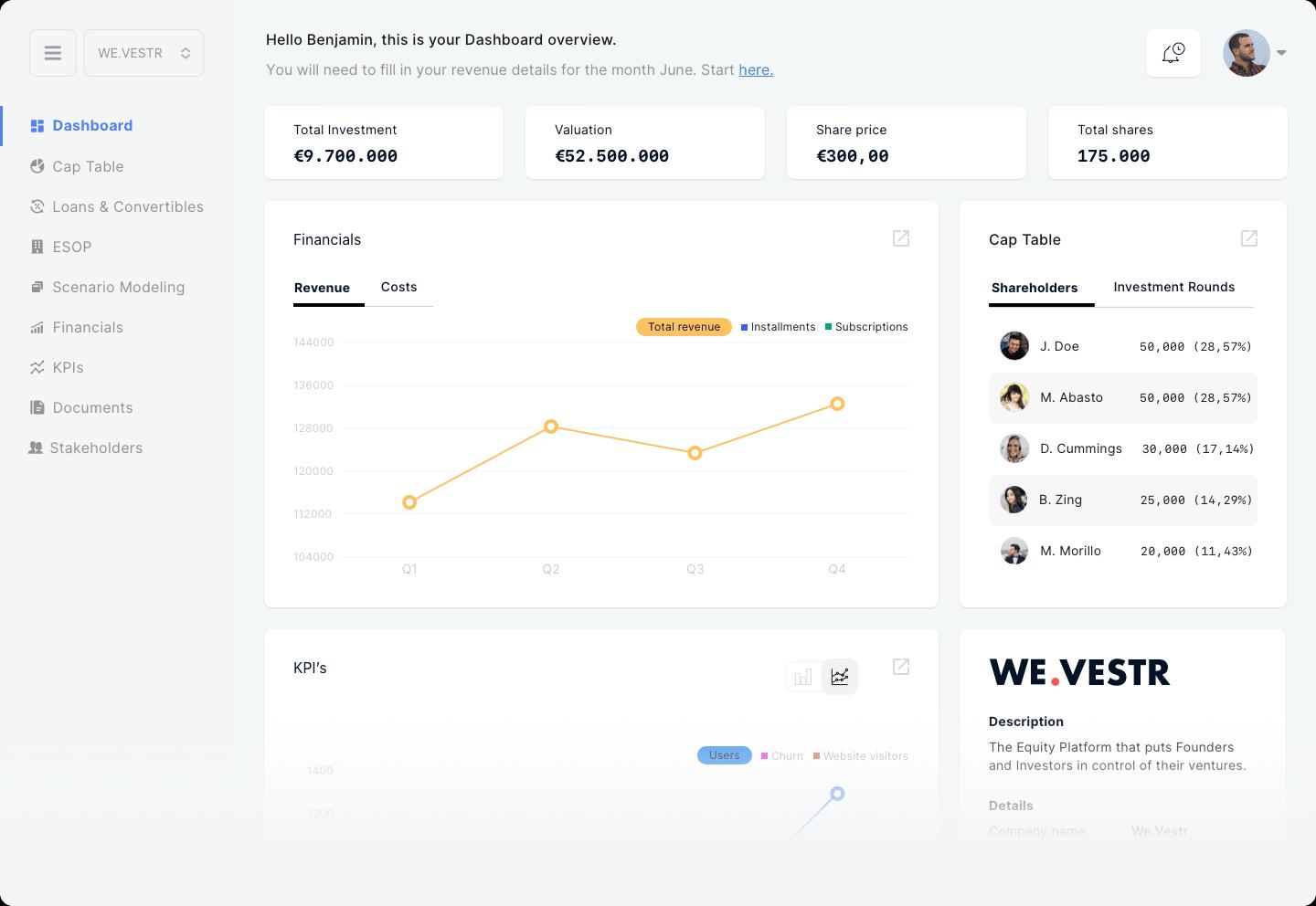 WE.VESTR - Dashboard